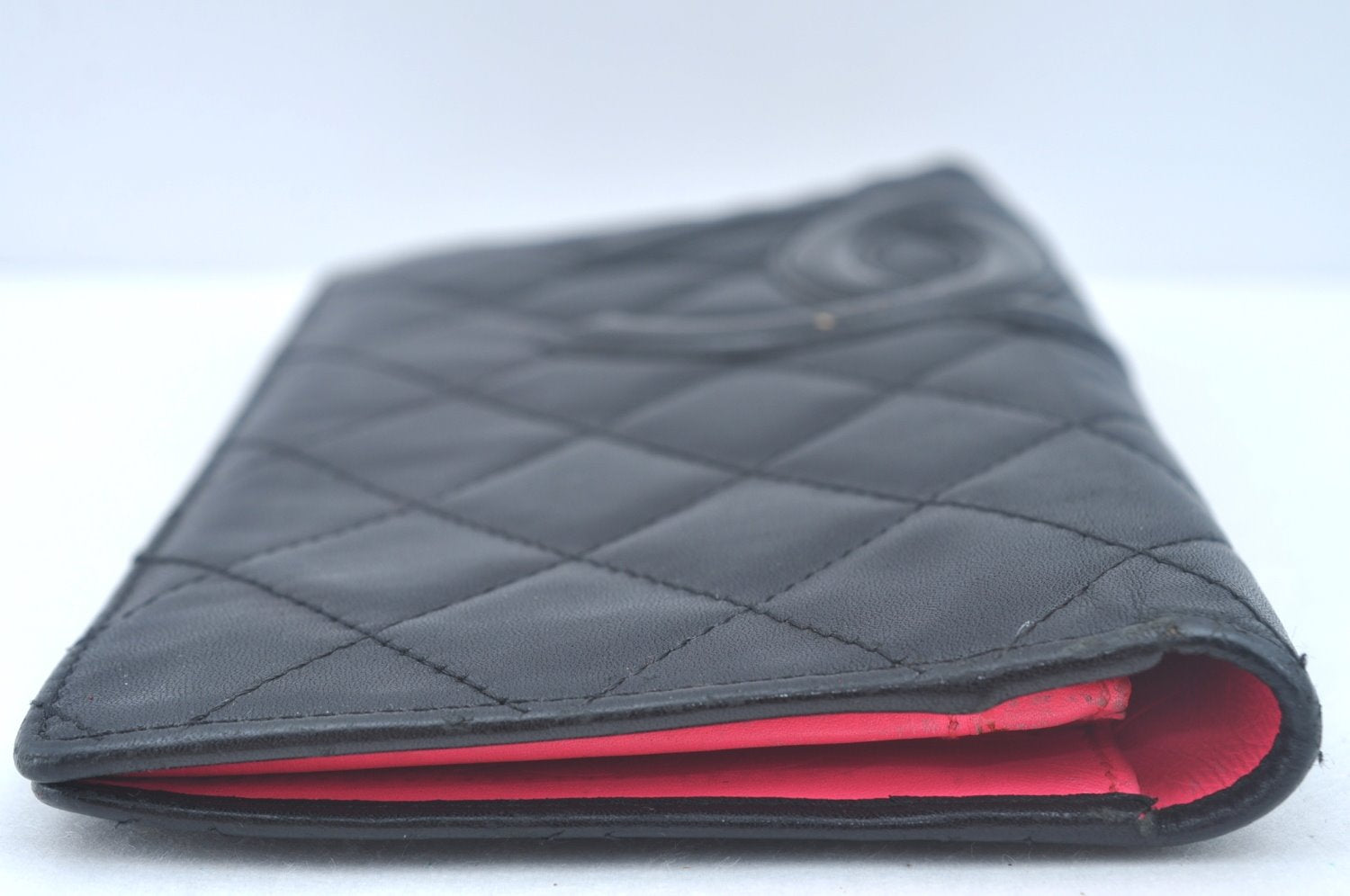 Authentic CHANEL Calf Skin Cambon Line CC Logo Bifold Long Wallet Black 5986J