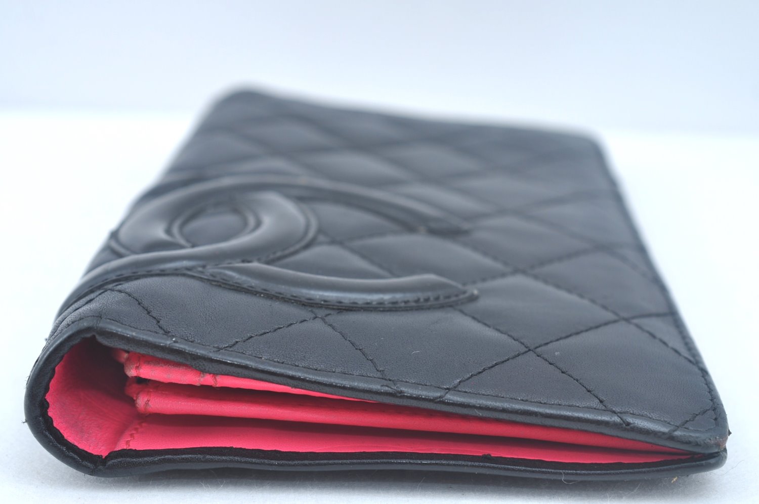 Authentic CHANEL Calf Skin Cambon Line CC Logo Bifold Long Wallet Black 5986J