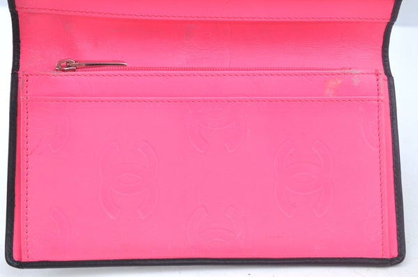 Authentic CHANEL Calf Skin Cambon Line CC Logo Bifold Long Wallet Black 5986J