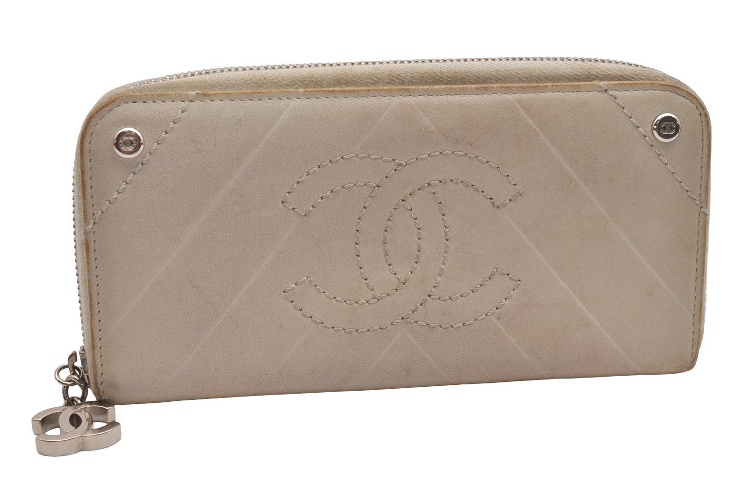 Authentic CHANEL Calf Skin V Stitch Vintage Long Wallet Purse White CC 5987J