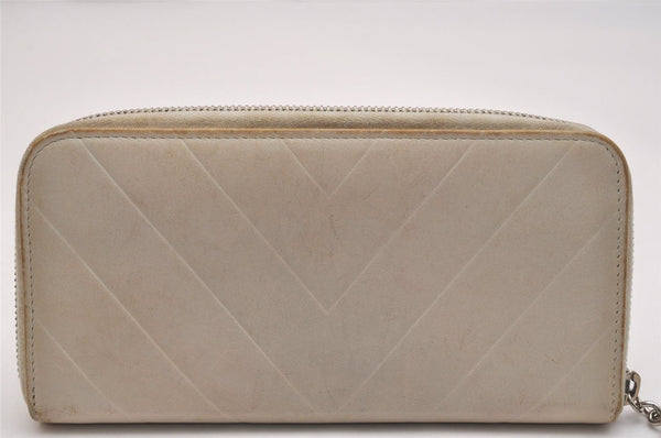 Authentic CHANEL Calf Skin V Stitch Vintage Long Wallet Purse White CC 5987J