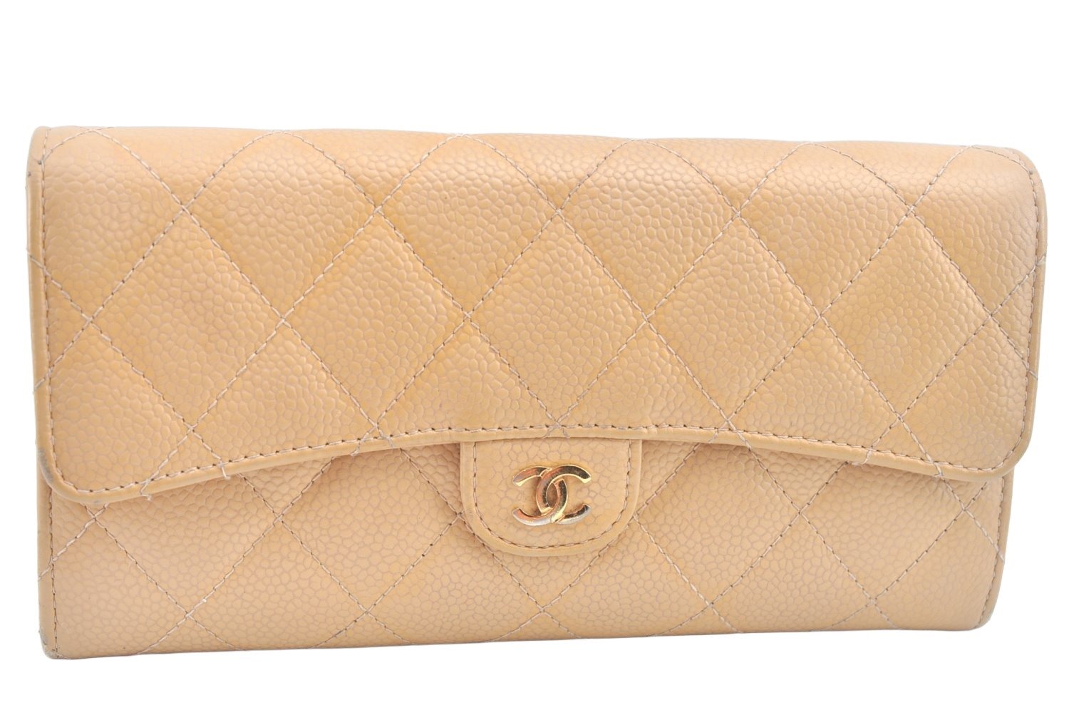 Authentic CHANEL Caviar Skin Matelasse Long Wallet Purse CC Logo Beige 5993J