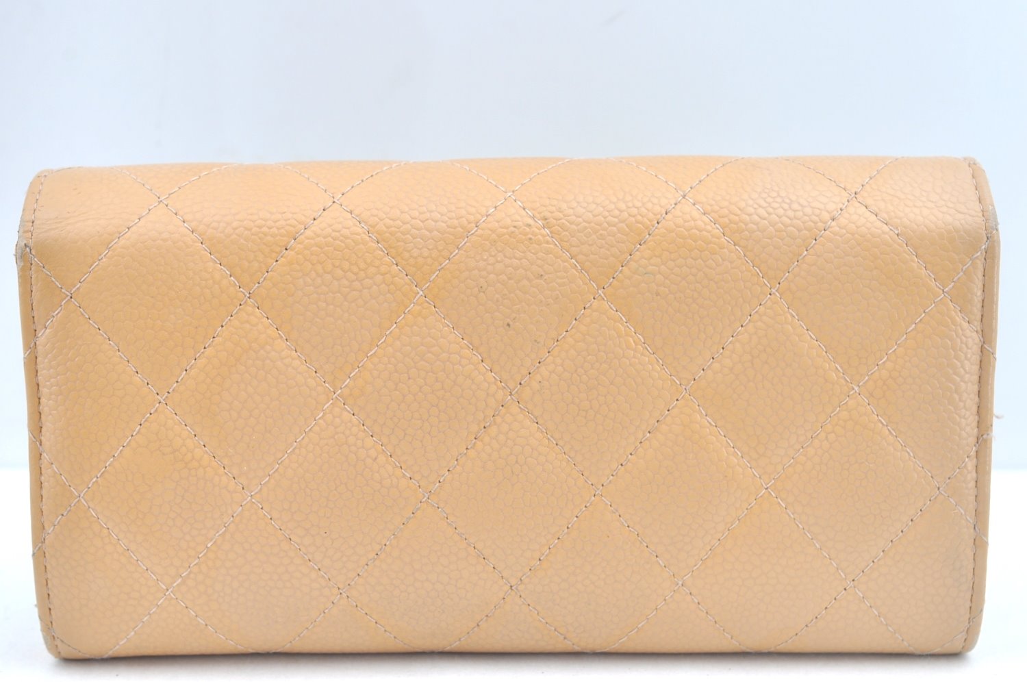 Authentic CHANEL Caviar Skin Matelasse Long Wallet Purse CC Logo Beige 5993J