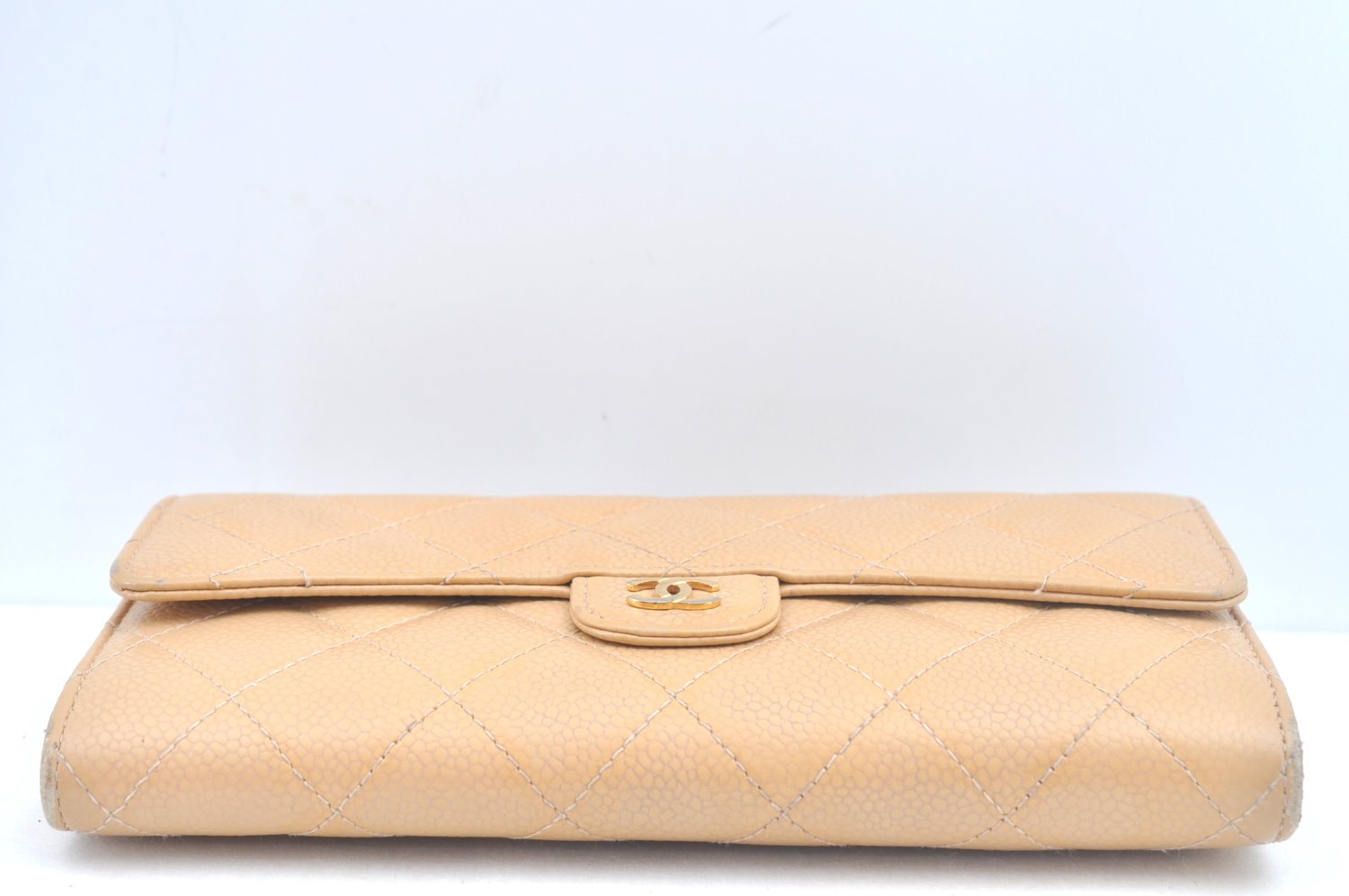 Authentic CHANEL Caviar Skin Matelasse Long Wallet Purse CC Logo Beige 5993J