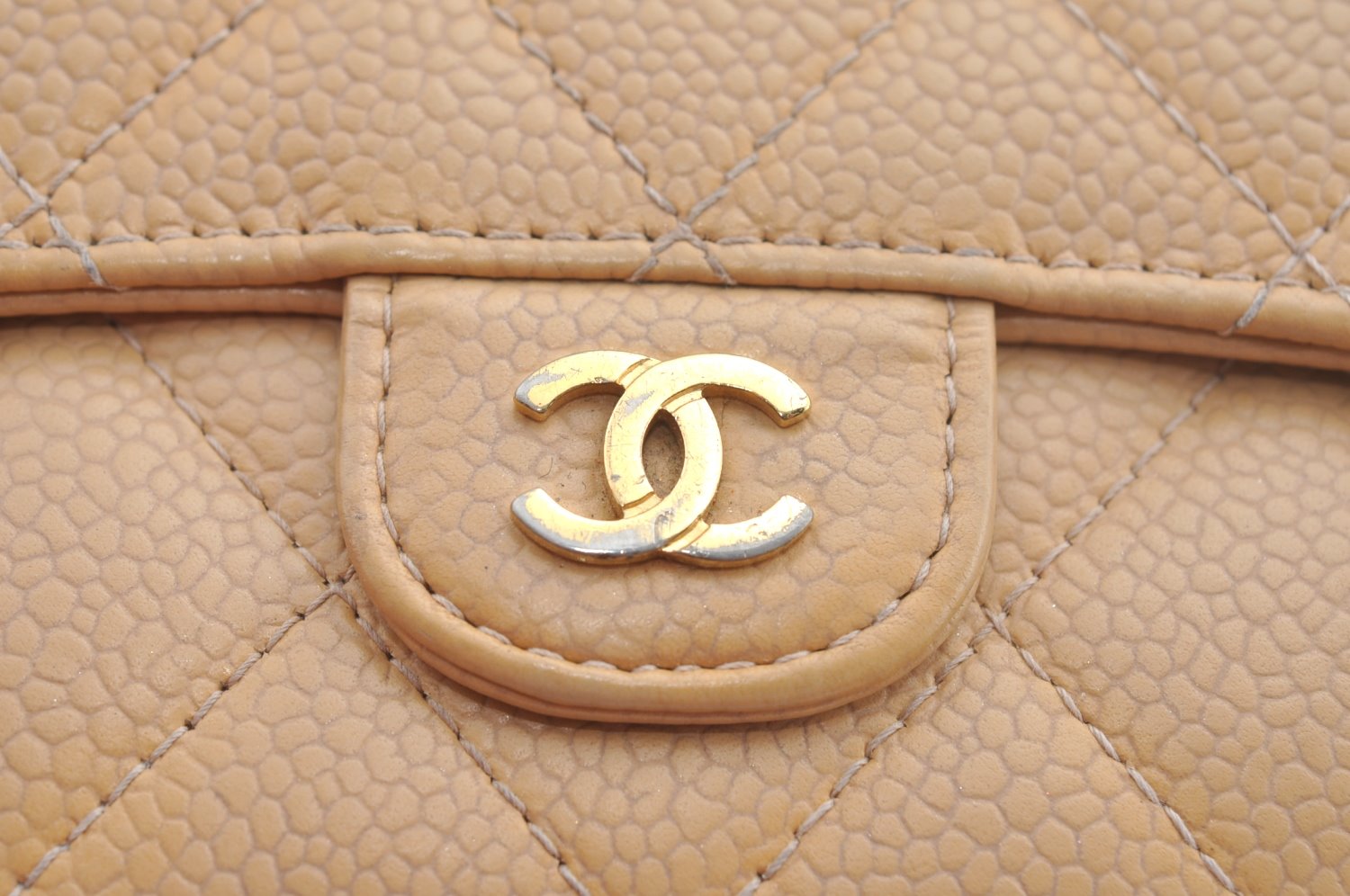 Authentic CHANEL Caviar Skin Matelasse Long Wallet Purse CC Logo Beige 5993J