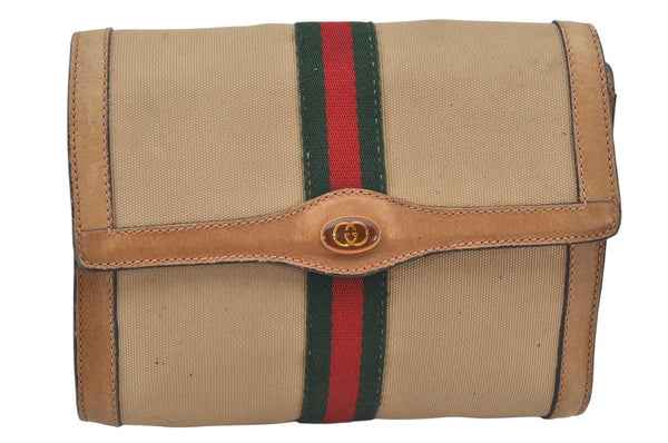 Authentic GUCCI Web Sherry Line Clutch Hand Bag Purse Canvas Leather Beige 6011K