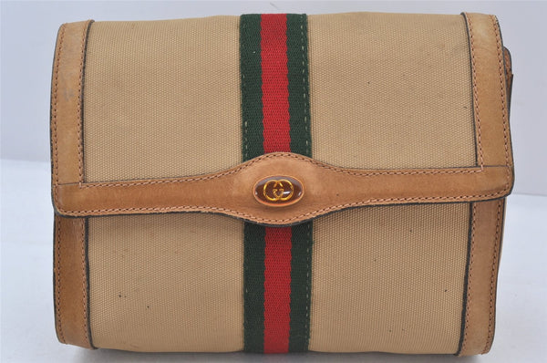 Authentic GUCCI Web Sherry Line Clutch Hand Bag Purse Canvas Leather Beige 6011K