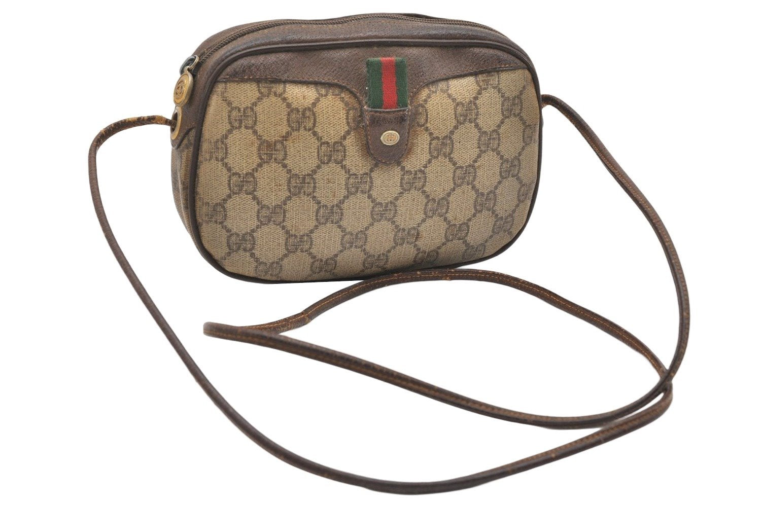 Authentic GUCCI Web Sherry Line Shoulder Bag GG PVC Leather Brown Junk 6012K