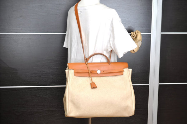 Authentic HERMES Her Bag MM 2Way Shoulder Hand Bag Canvas Leather Beige 6024I