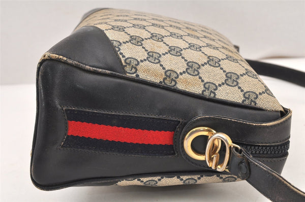 Authentic GUCCI Sherry Line Shoulder Bag Purse GG PVC Leather Navy Blue 6026K