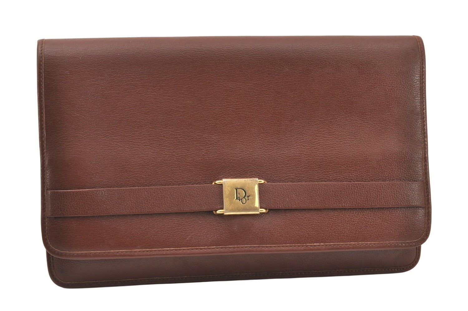 Authentic Christian Dior Vintage Clutch Hand Bag Purse Leather Brown CD 6045K