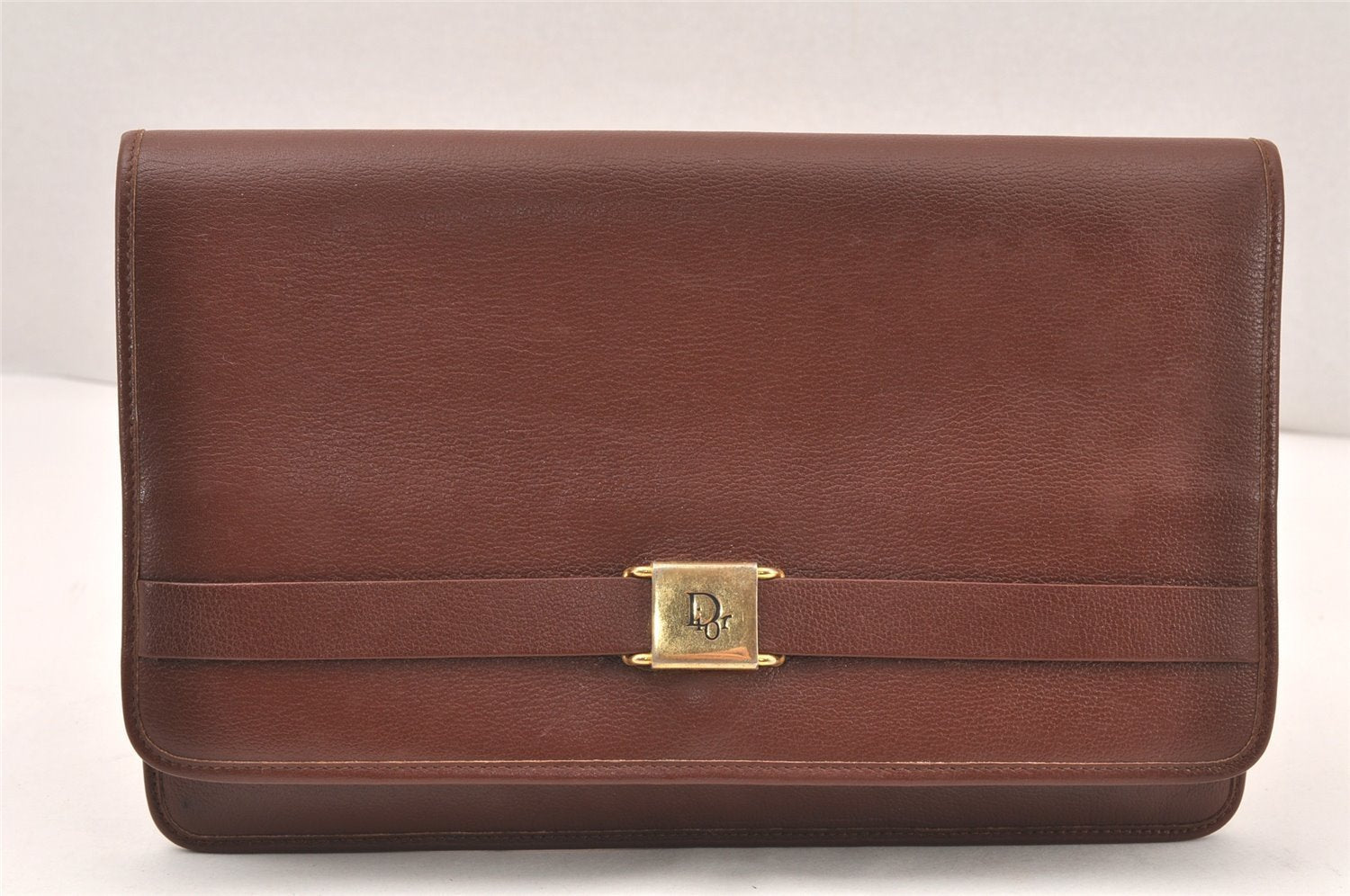 Authentic Christian Dior Vintage Clutch Hand Bag Purse Leather Brown CD 6045K
