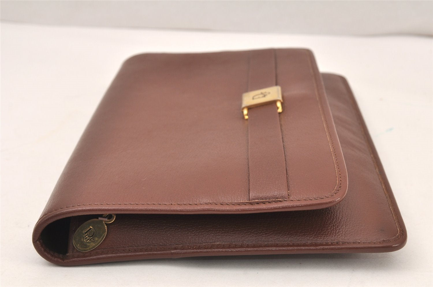 Authentic Christian Dior Vintage Clutch Hand Bag Purse Leather Brown CD 6045K