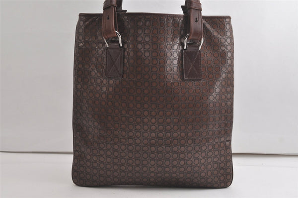 Authentic Salvatore Ferragamo Gancini Design Leather Tote Hand Bag Brown 6053K