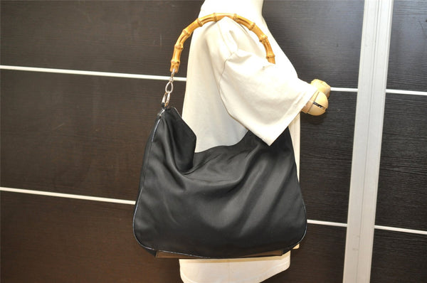 Authentic GUCCI Vintage Bamboo Shoulder Tote Bag Nylon Leather Black 6062K