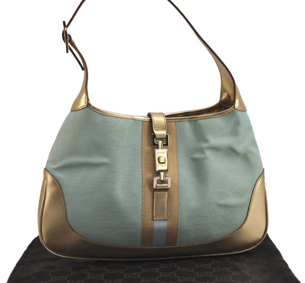 Authentic GUCCI Sherry Line Jackie Shoulder Bag Canvas Leather Light Blue 6067J