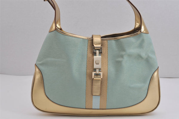 Authentic GUCCI Sherry Line Jackie Shoulder Bag Canvas Leather Light Blue 6067J