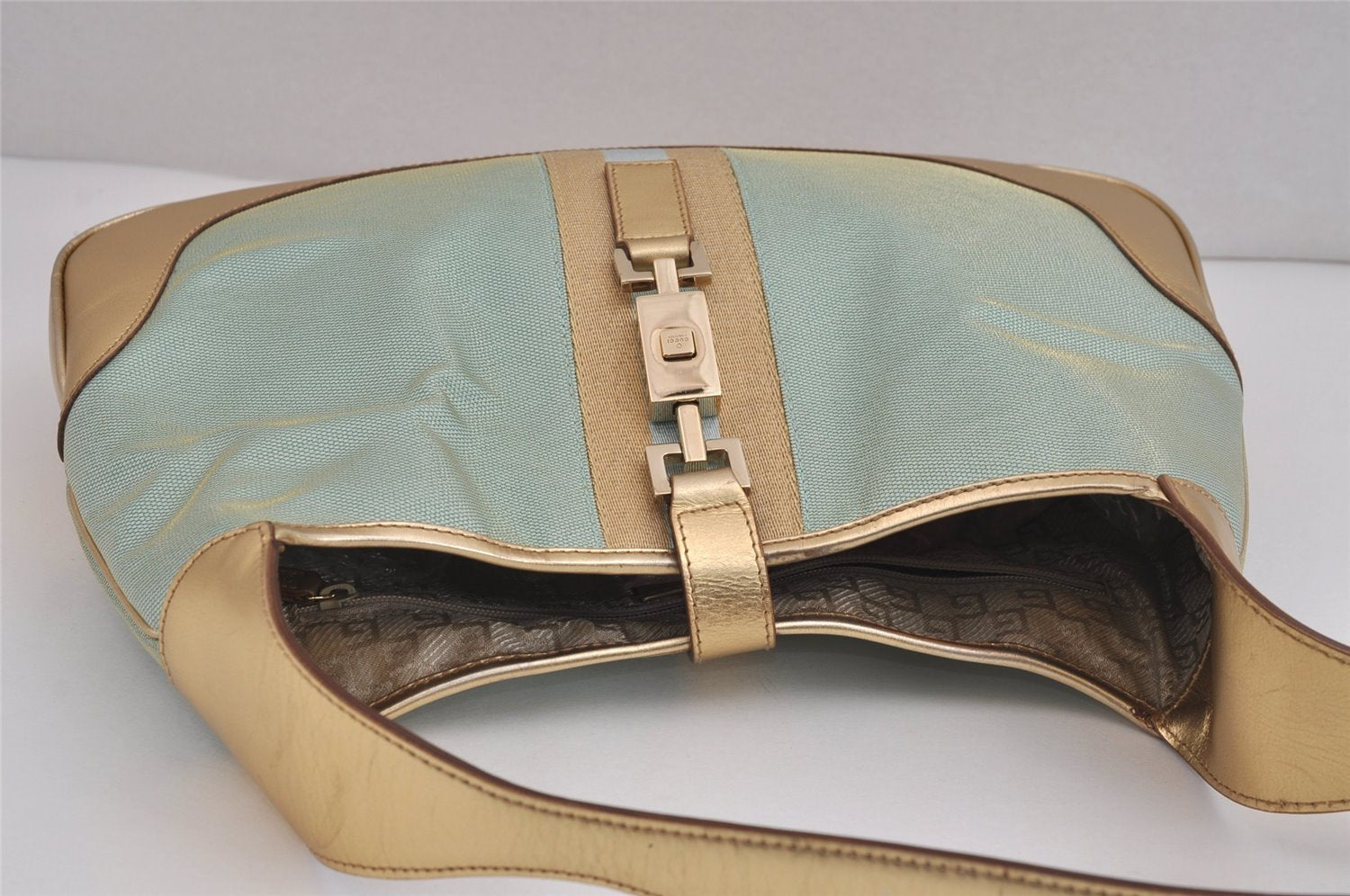 Authentic GUCCI Sherry Line Jackie Shoulder Bag Canvas Leather Light Blue 6067J