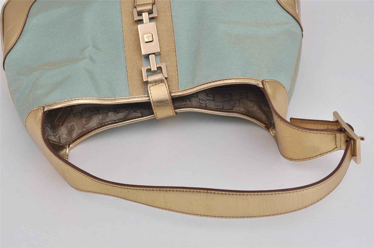 Authentic GUCCI Sherry Line Jackie Shoulder Bag Canvas Leather Light Blue 6067J