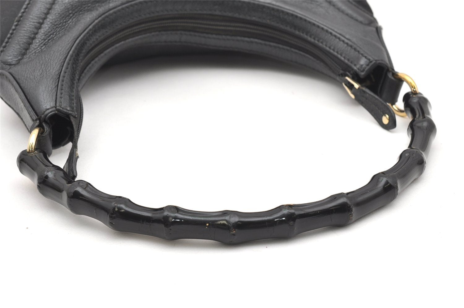 Authentic GUCCI Vintage Bamboo Shoulder Hand Bag Nylon Leather Black 6068K