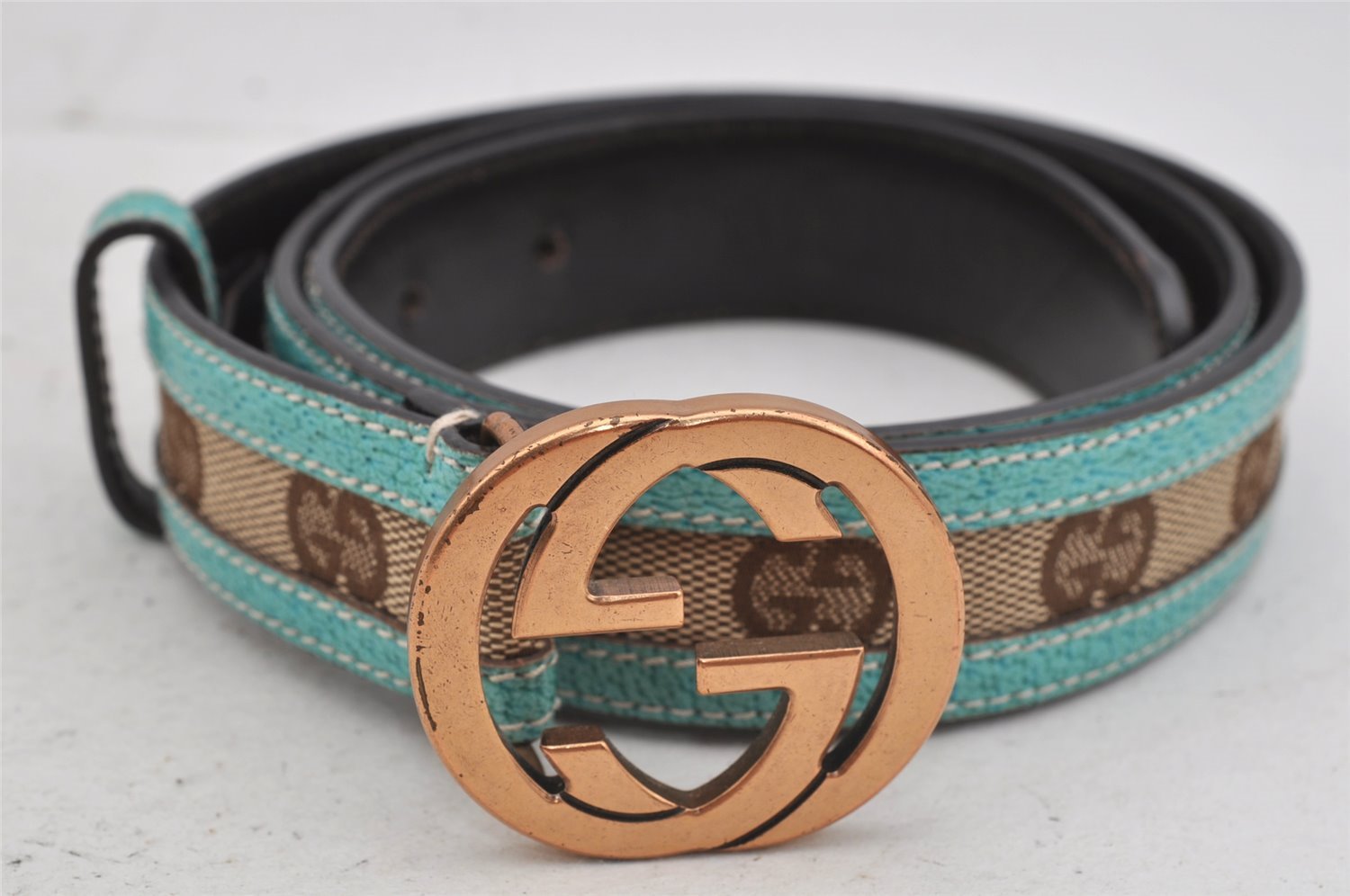 Auth GUCCI Interlocking G Belt GG Canvas Leather 85cm 33.5