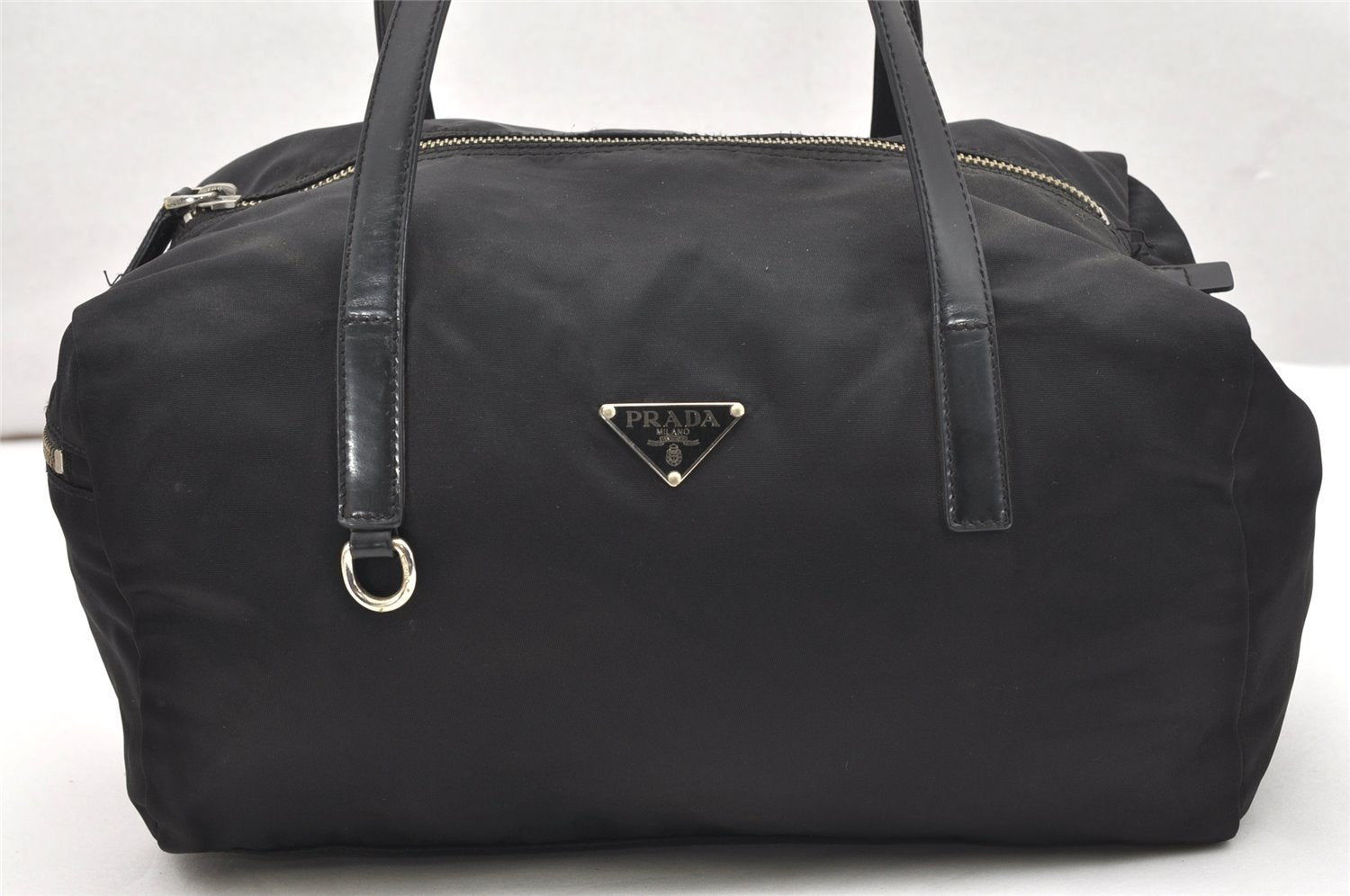 Authentic PRADA Vintage Nylon Tessuto Leather Hand Boston Bag Purse Black 6075K