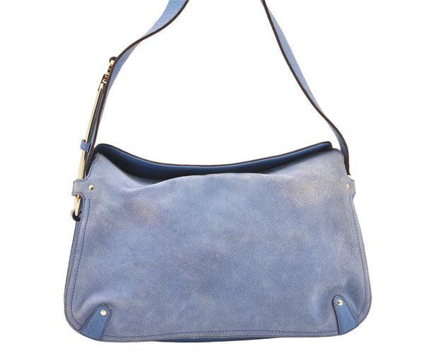 Authentic Salvatore Ferragamo Gancini Suede Leather Shoulder Hand Bag Blue 6081K