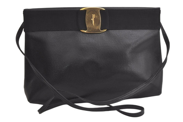 Authentic Salvatore Ferragamo Vara Leather Shoulder Cross Body Bag Black 6086K