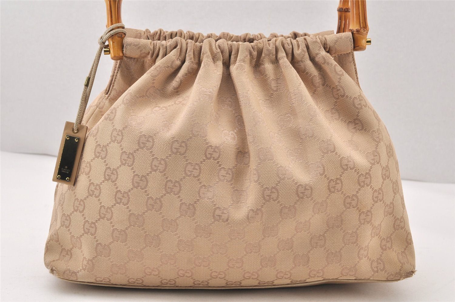Authentic GUCCI Bamboo Shoulder Hand Bag Canvas Leather 92708 Beige 6094K