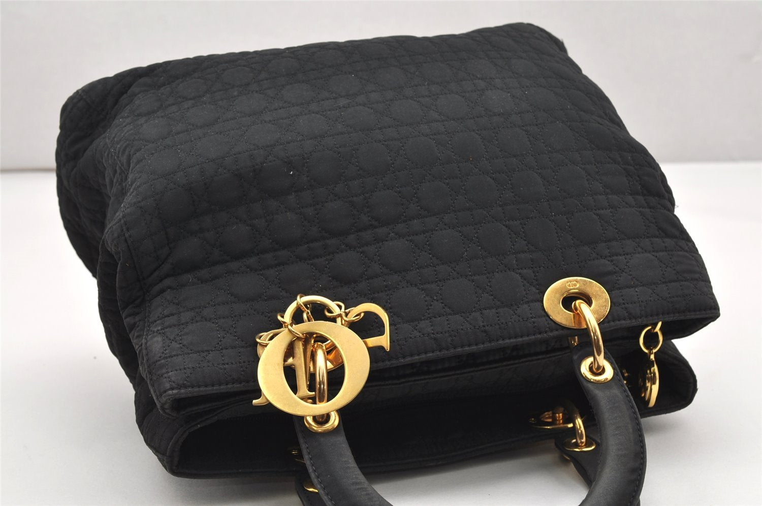Authentic Christian Dior Lady Dior Cannage Nylon Hand Bag Black CD 6095K