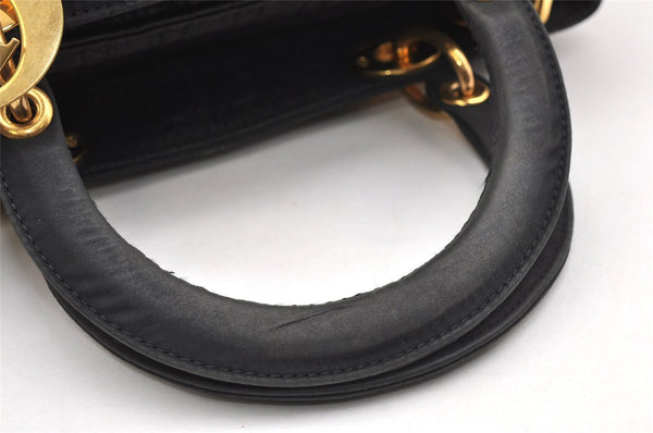 Authentic Christian Dior Lady Dior Cannage Nylon Hand Bag Black CD 6095K