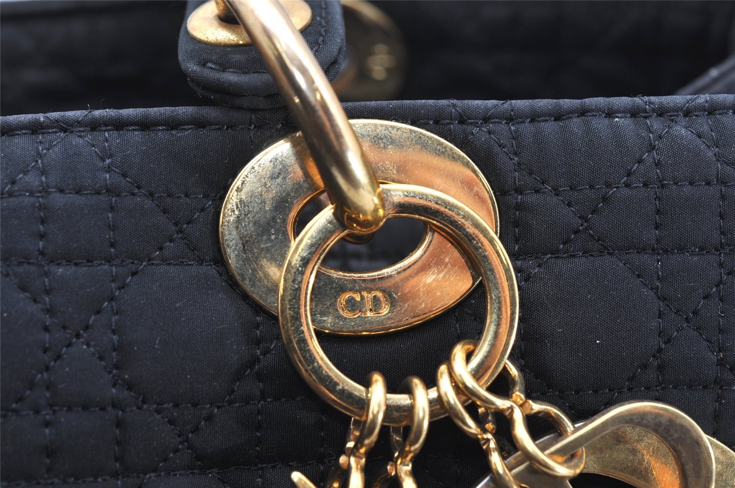 Authentic Christian Dior Lady Dior Cannage Nylon Hand Bag Black CD 6095K