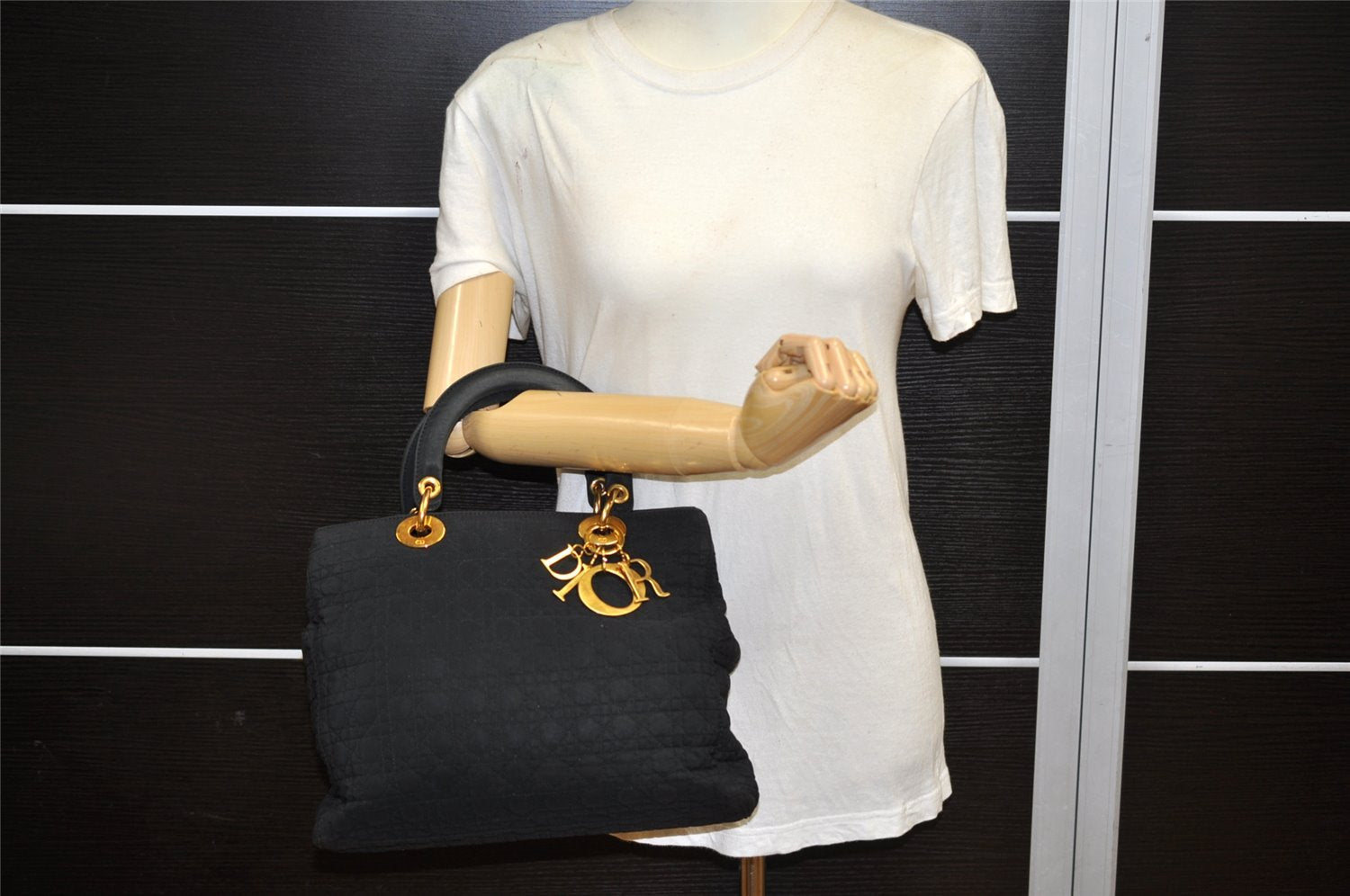 Authentic Christian Dior Lady Dior Cannage Nylon Hand Bag Black CD 6095K