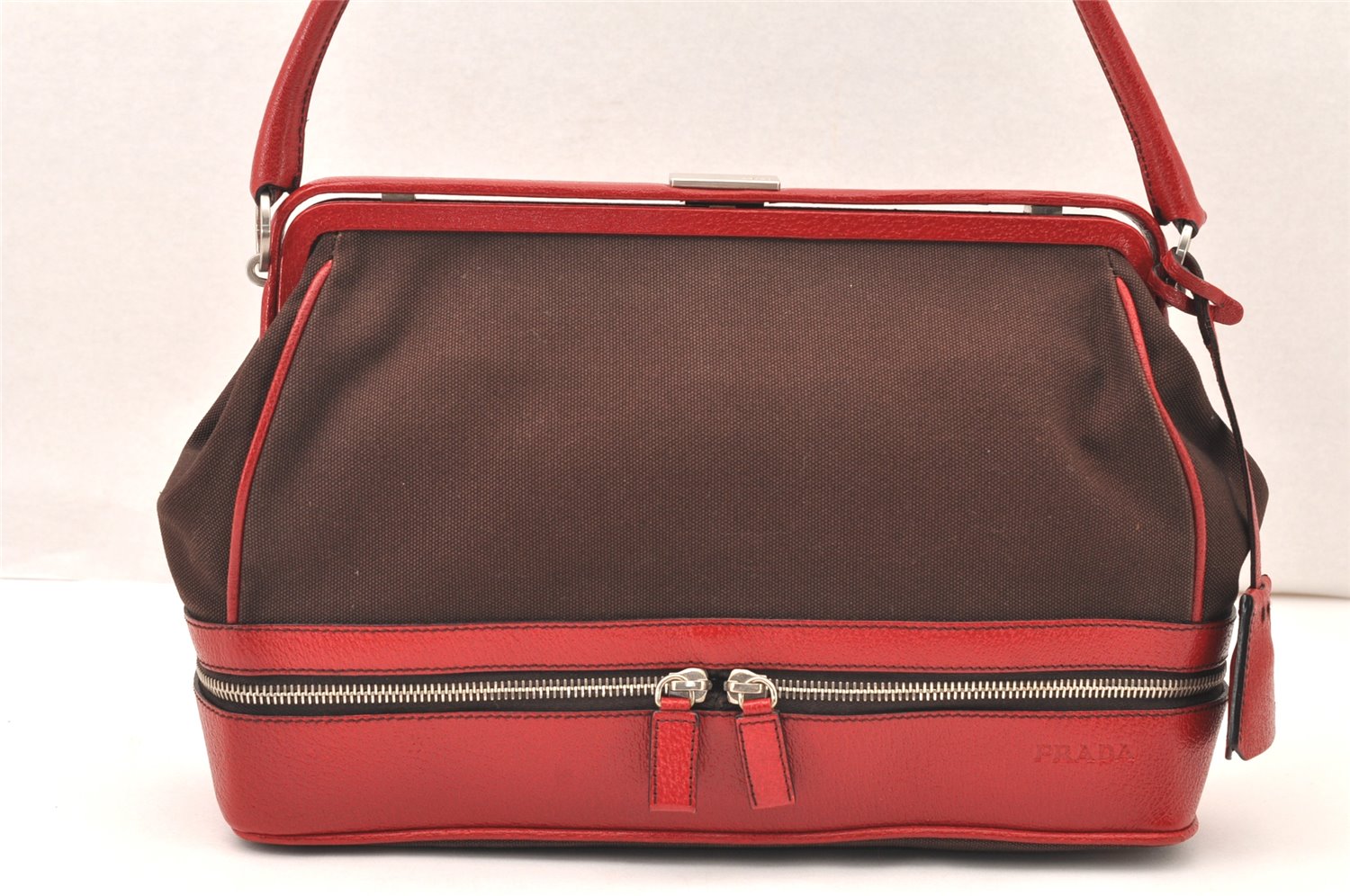 Authentic PRADA Vintage Canvas Leather Shoulder Hand Bag Brown Red 6103K