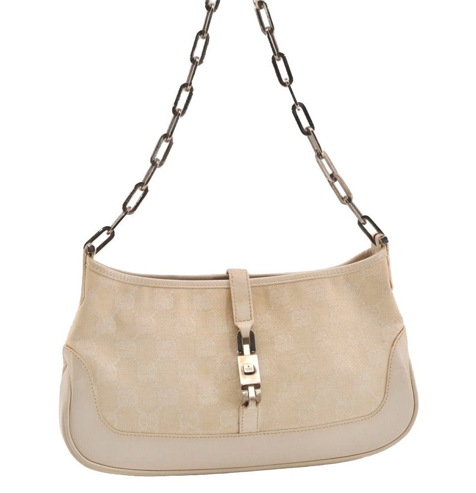 Authentic GUCCI Jackie Chain Shoulder Bag GG Canvas Leather 0014032 White 6106J