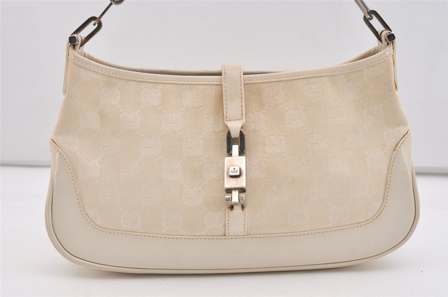 Authentic GUCCI Jackie Chain Shoulder Bag GG Canvas Leather 0014032 White 6106J