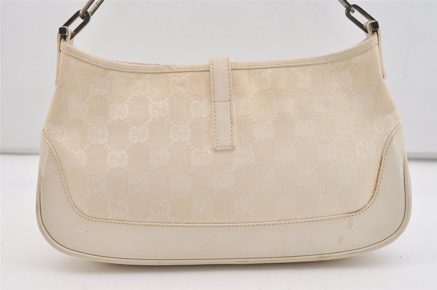 Authentic GUCCI Jackie Chain Shoulder Bag GG Canvas Leather 0014032 White 6106J