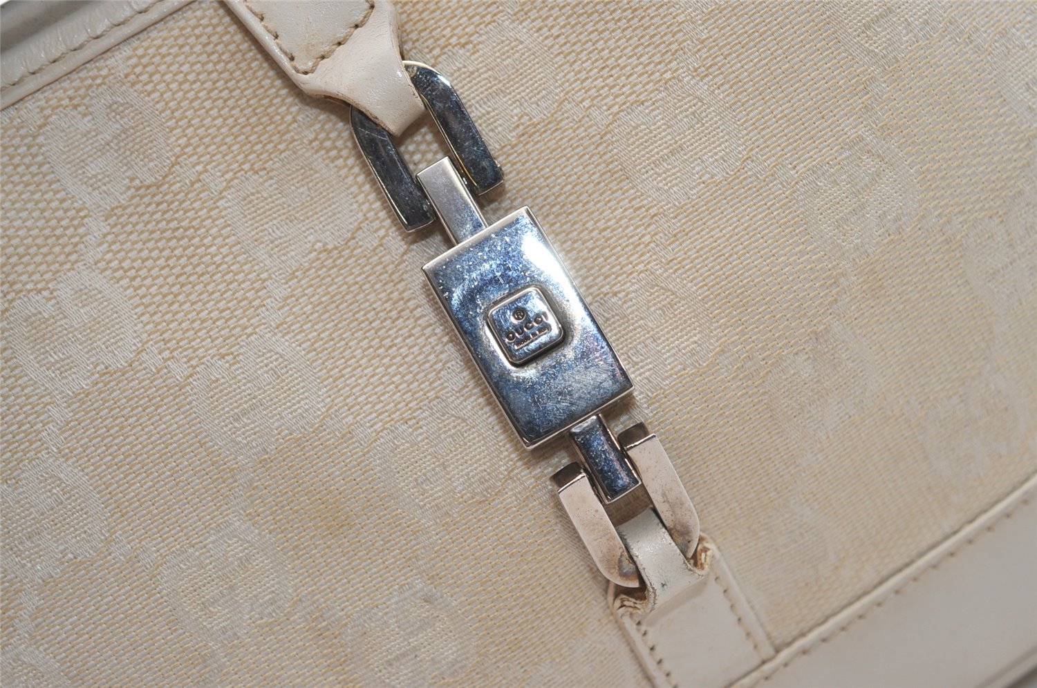 Authentic GUCCI Jackie Chain Shoulder Bag GG Canvas Leather 0014032 White 6106J