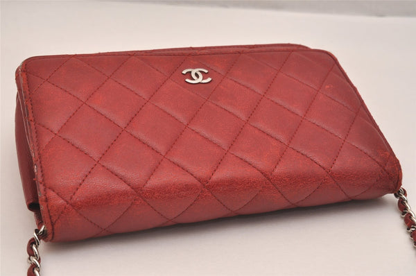 Authentic CHANEL Lamb Skin Matelasse Chain Shoulder Wallet Bag Purse Red 6107J