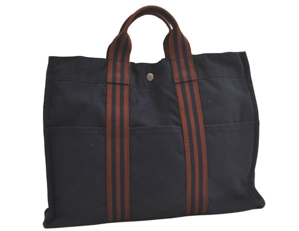 Authentic HERMES Vintage Fourre Tout MM Tote Hand Bag Canvas Navy 6119K