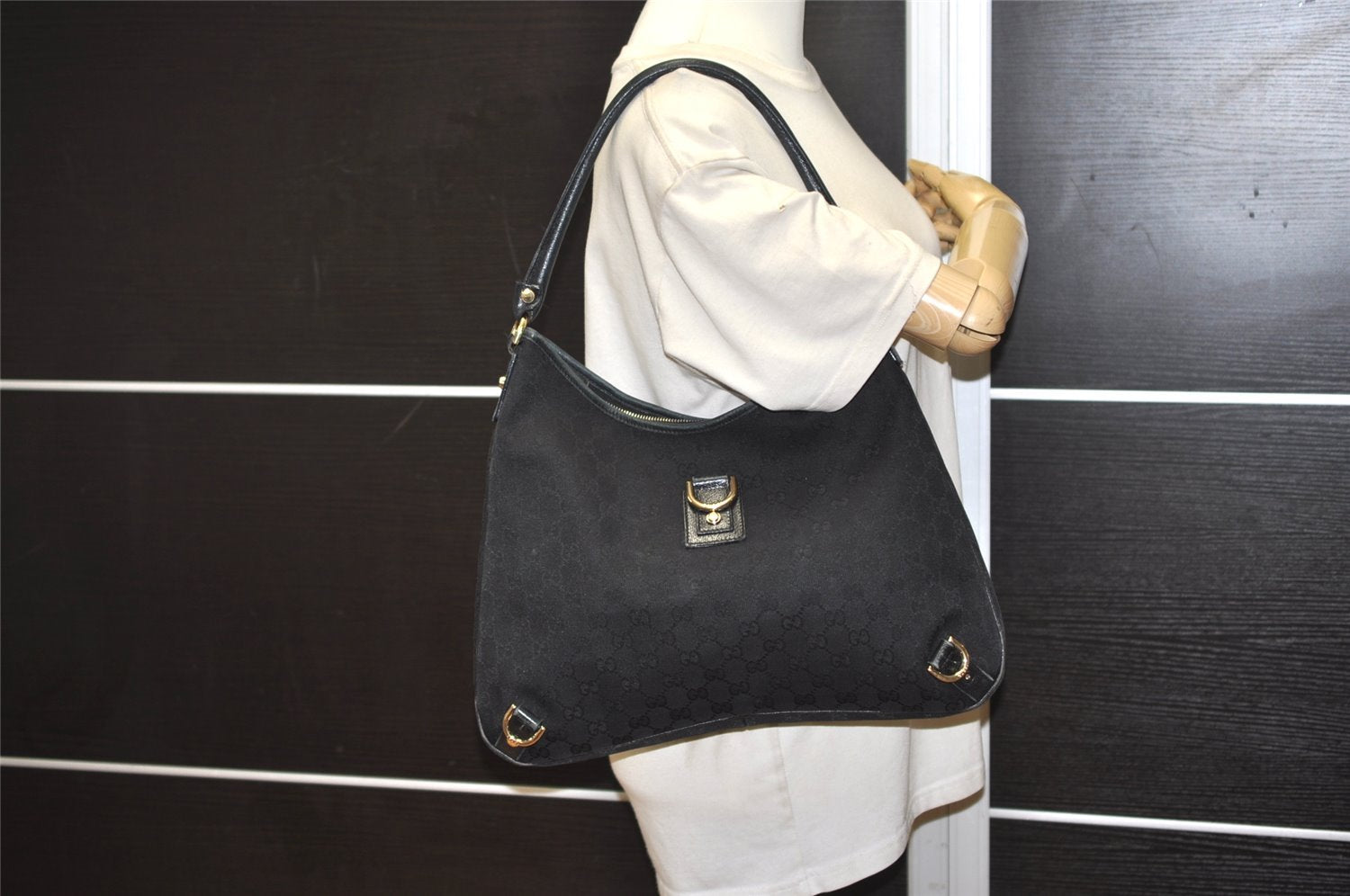 Authentic GUCCI Abbey Shoulder Hand Bag GG Canvas Leather 130737 Black 6120J