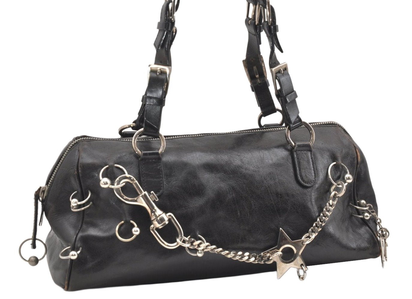 Authentic Christian Dior Vintage Hand Boston Bag Purse Leather Black CD 6128K