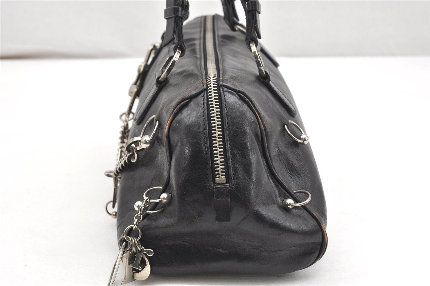 Authentic Christian Dior Vintage Hand Boston Bag Purse Leather Black CD 6128K