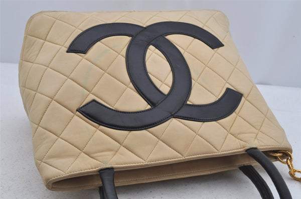 Authentic CHANEL Calf Skin Medallion CC Logo Shoulder Tote Bag Beige 6129J