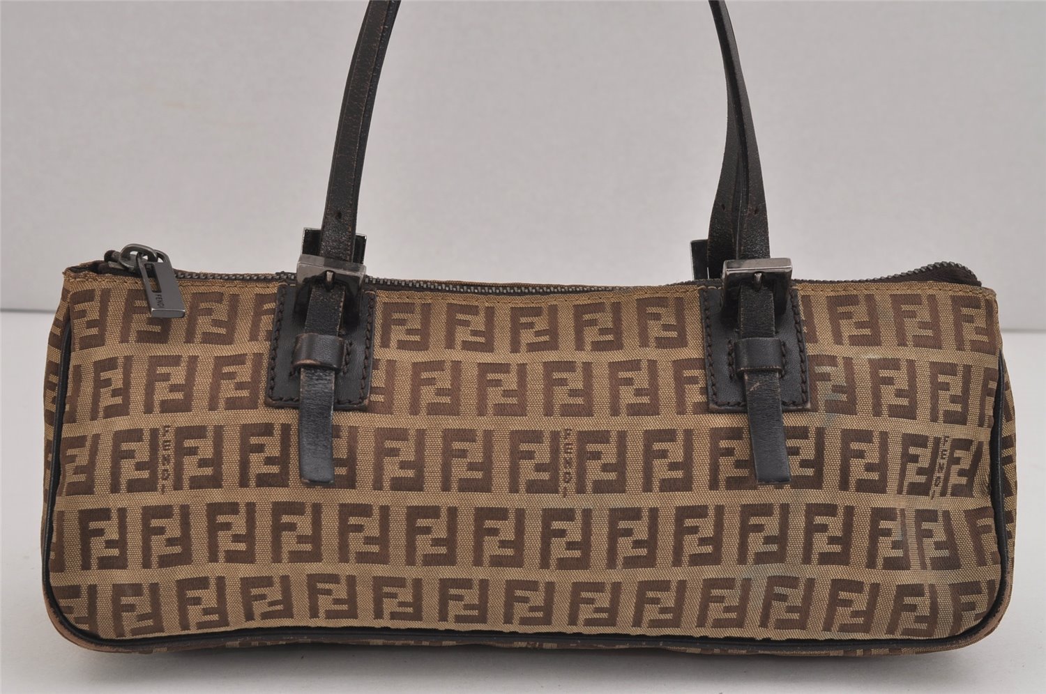 Authentic FENDI Vintage Zucchino Hand Bag Purse Canvas Leather Brown 6131J