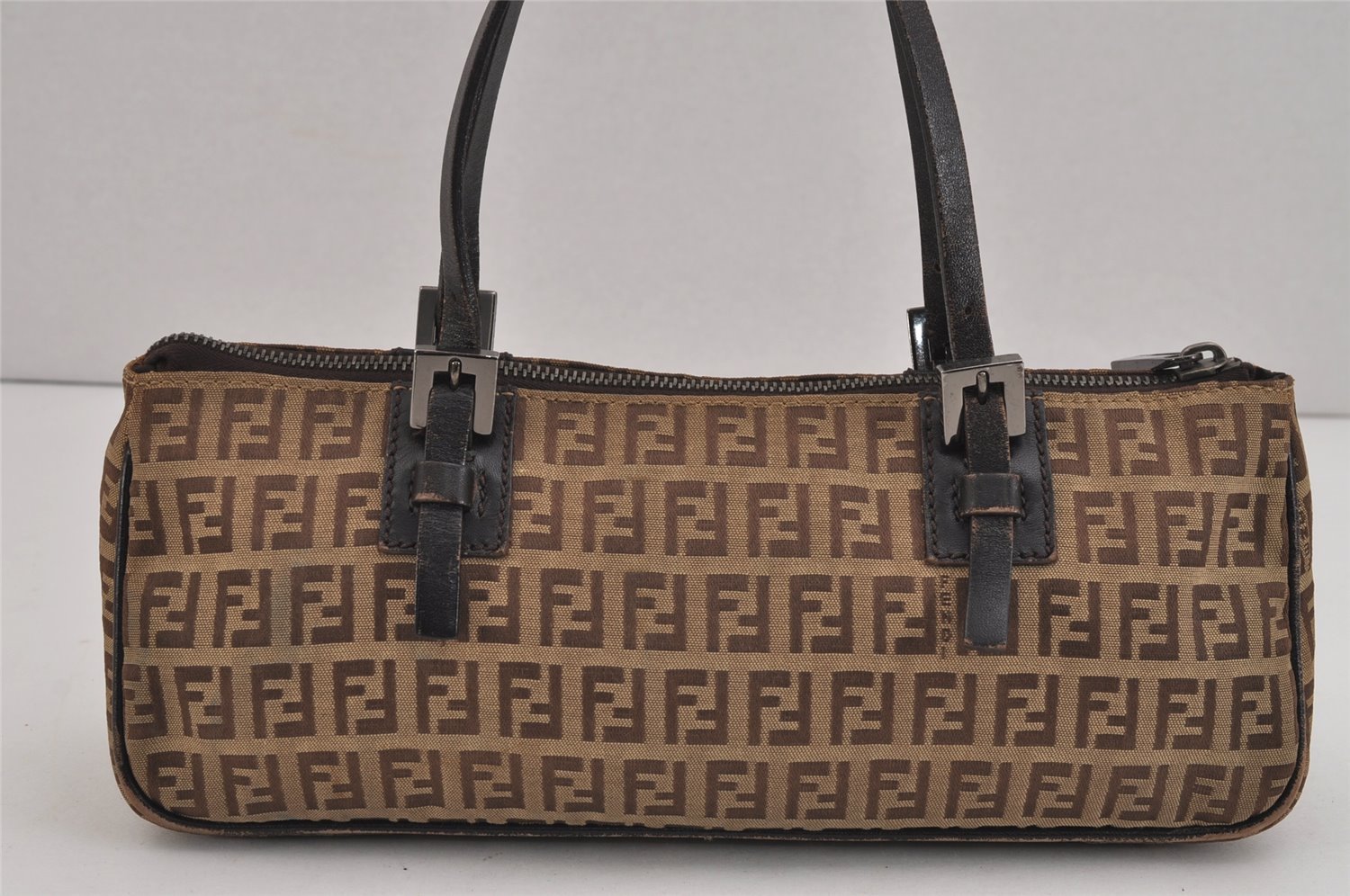 Authentic FENDI Vintage Zucchino Hand Bag Purse Canvas Leather Brown 6131J