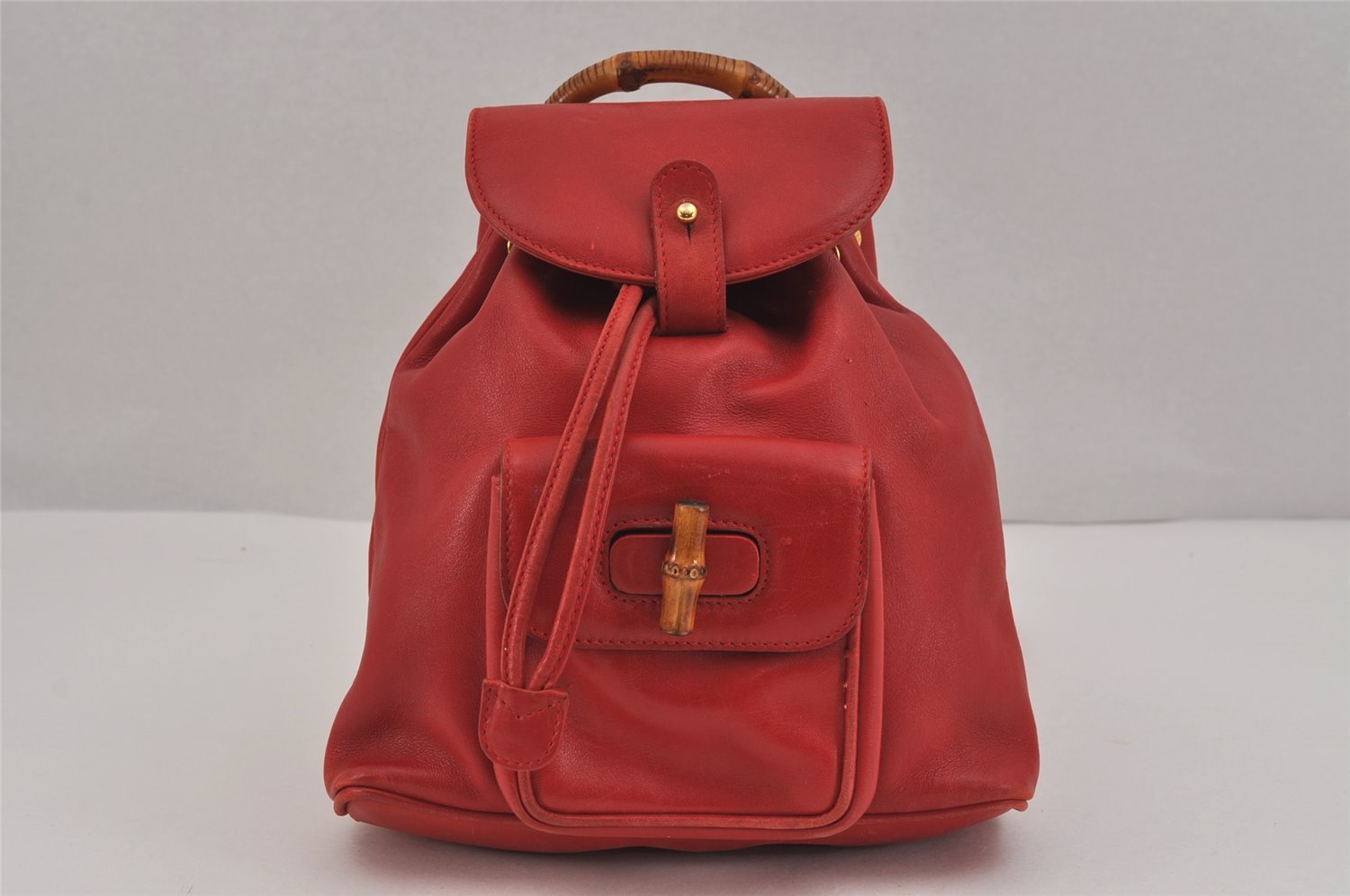 Authentic GUCCI Vintage Bamboo Backpack Purse Leather Red 6136J