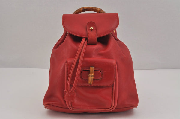 Authentic GUCCI Vintage Bamboo Backpack Purse Leather Red 6136J