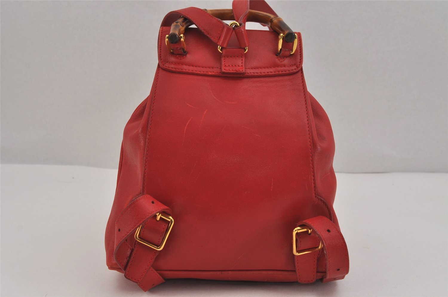 Authentic GUCCI Vintage Bamboo Backpack Purse Leather Red 6136J