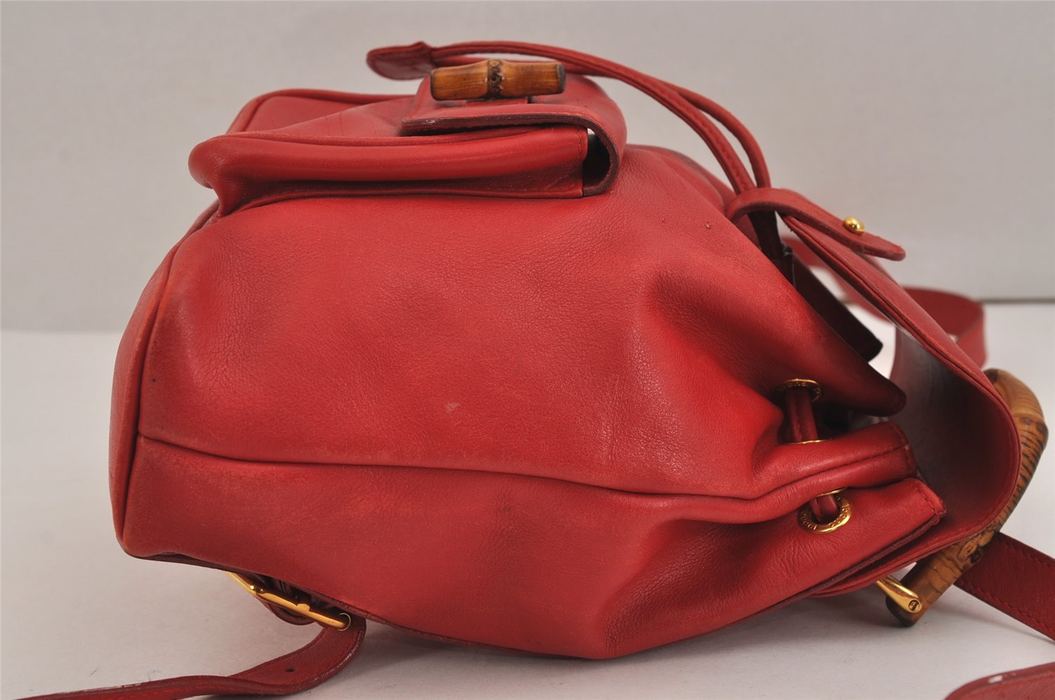 Authentic GUCCI Vintage Bamboo Backpack Purse Leather Red 6136J